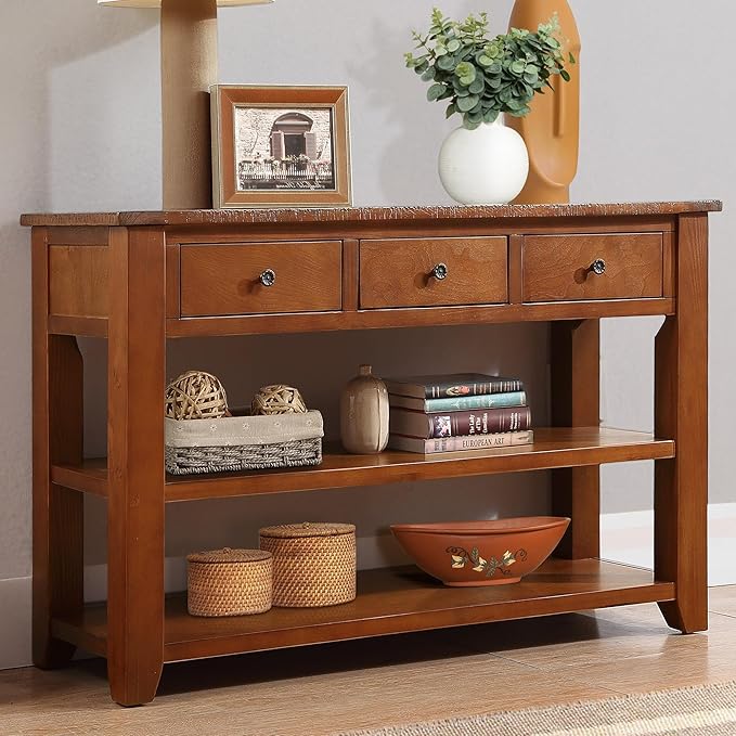Farmhouse Wood Entry Console Table 48-Inch Modern Sofa Entryway Table with Drawers and Storage Shelves for Entrance Living Room (Brown)-Ruum Studio Home