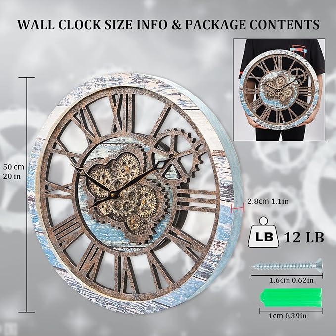 HOIBAI Large Wall Clock, Wall Clocks for Living Room Decor 20 Inch Farmhouse Vintage Rustic Kitchen Wall Decor Vintage Roman Oversized Wall Clock for Home Bedroom House Office, Moving Gears Clock-Ruum Studio Home