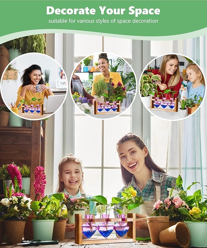 Nacome Plant Terrarium for Office Decor: Birthday Gifts for Plant Lovers Women Mom Wife - Wooden Stand Tabletop Planter 3 Bulb Glass Vase Heart Shaped for Hydroponics Indoor Home(Purple)-Ruum Studio Home