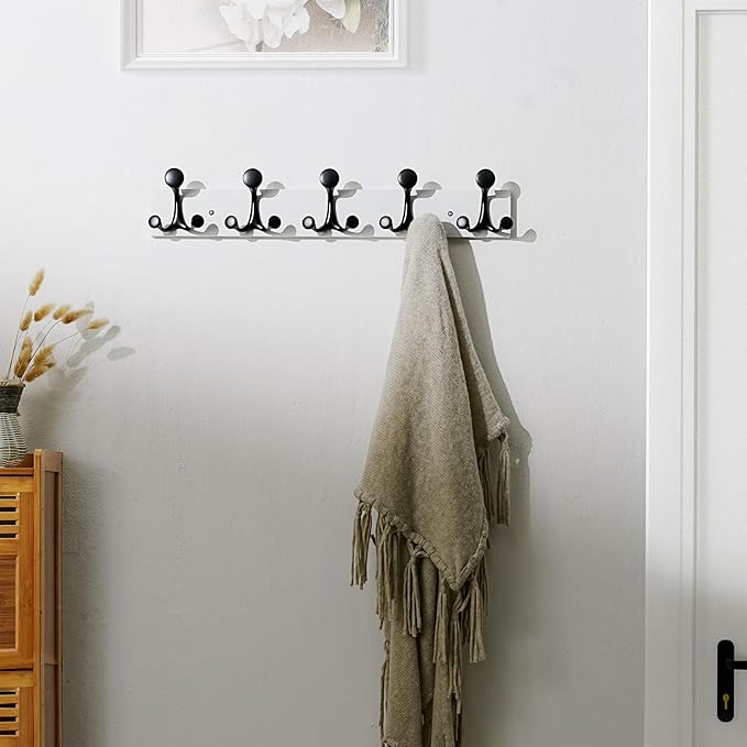 SKOLOO 24-Inch White Wood Coat Rack Wall Mount with 5 Triple Hooks - Ideal for Family Entrances, Classrooms, and Pet Supplies Storage - Perfect Coat Hooks for Wall-Ruum Studio Home