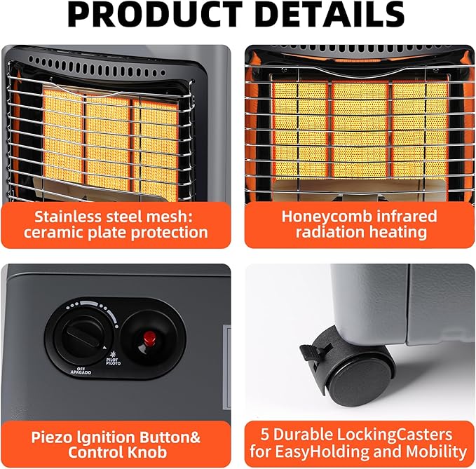 Propane Heater18000 BTU,Outdoor Heater with ODS Tip-over Protection, Propane Radiant Heater with Gas Regulator Hose for Patio,Garage,Camping Up to 450 Sq. Ft-Ruum Studio Home