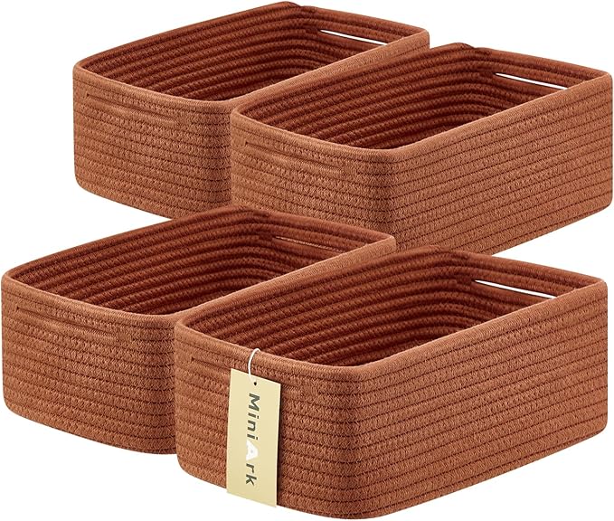 Small Storage Baskets for Organizing | Closet Organizer Bins | Shelf Toy Basket | Woven Rope Baskets | Cube Decorative Box | Shallow Basket | 13x8.5x5.1” | 4 Packs Oxide Red-Ruum Studio Home