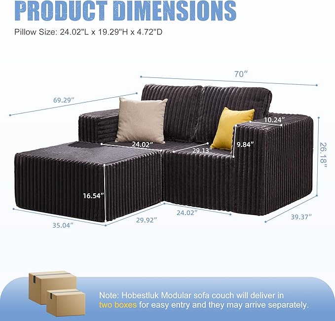 Hobestluk Modular Sectional Sofa Memory Foam Couch L Shape Sofa for Living Room Loveseat with Chaise Lounge Cloud Couch with Removable Cover (Stripe Grey, Loveseat with Chaise)-Ruum Studio Home