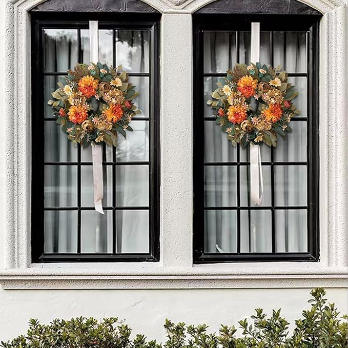 WANNA-CUL 24 Inch Spring Fall Wreaths for Front Door,Fall Wreath with Orange Hydrangea&Peony and Dahlia Flowers-Fall Decoration for Home-Large Fall Decor Door Wreath for Autumn,Harvest-Ruum Studio Home