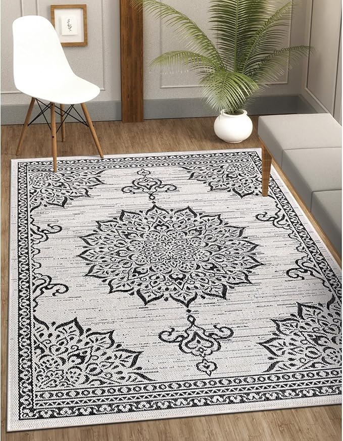 CAMILSON Outdoor Rug, 8x10 Medallion White Black Modern Area Rugs for Indoor and Outdoor Patios, Kitchen and Hallway Mats, Washable Porch Deck Outside Carpet (Medallion White, 8 x 10)-Ruum Studio Home