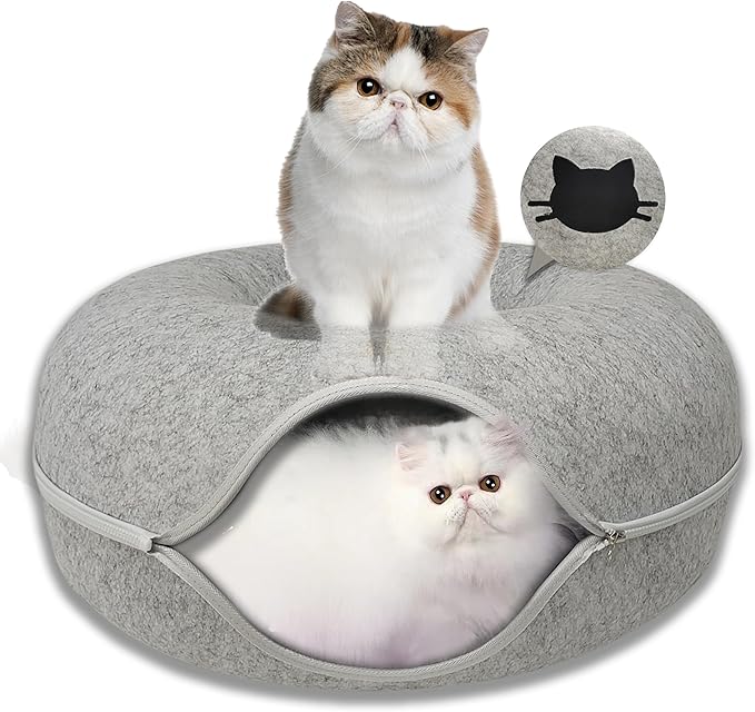 Donut Cat Tunnel Bed Peekaboo Cat Cave for Large Cats Up to 30 Lbs, Kitty Interactive Playing Tent House for Multiple Cats,Detachable,Scratch Resistant (Light Gray, Medium - 20 Inch Diameter)-Ruum Studio Home