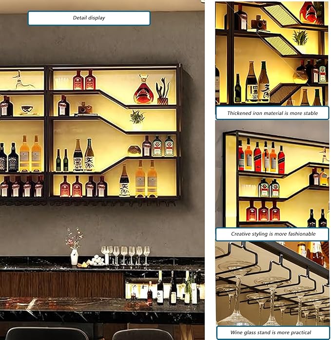 78.8in Wall Mounted Wine Rack with LED Light, 5-Tiers Liquor Bottles Display Shelf with Glasses Holder, Metal Home Bar Shelves with Industrial Iron Frame for Kitchen(Black, 78.8in/6.56ft)-Ruum Studio Home