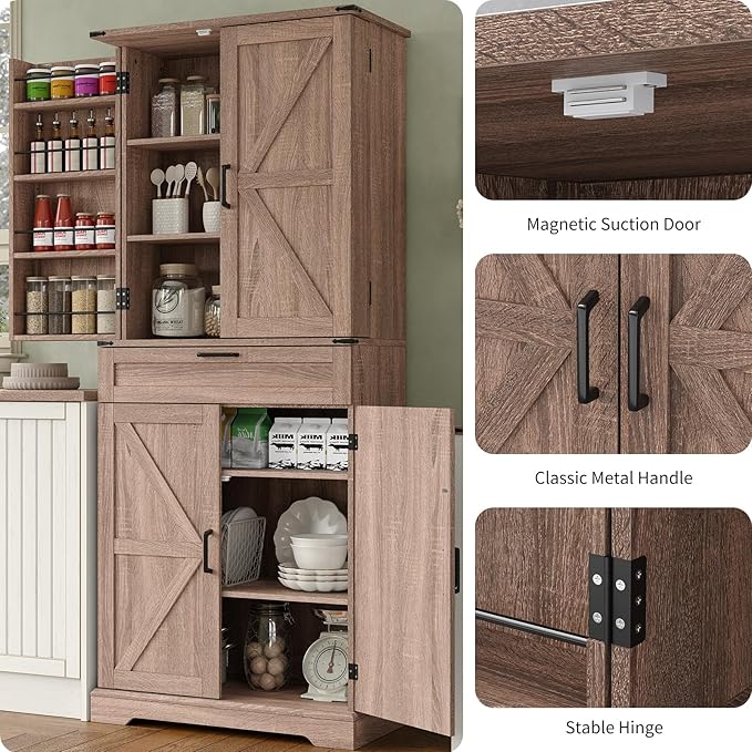 72'' Kitchen Storage Pantry Cabinet, Tall Storage Cabinet with 8 Door Shelves, 2 Cabinets and 1 Drawer, Freestanding Cupboard for Kitchen, Dining Room, Bathroom, Laundry, Living Room, Espresso-Ruum Studio Home