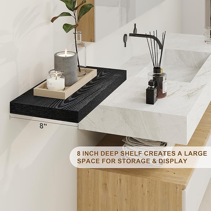 Fun Memories Black Floating Shelves 16 Inch Long, 8 Deep Floating Shelf Wall Mounted, 16 x 8 Inch Wooden Bathroom Shelves, Deep Storage Shelves for Living Room, Kitchen, Set of 2-Ruum Studio Home