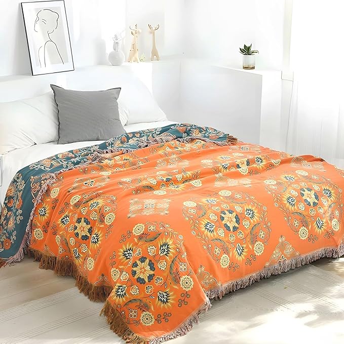 Boho Throw Blanket for Bed - 100% Pure Cotton Ultra Soft Rustic Quilt - Farmhouse Decor Bed Blankets, All Season Rustic Throw for Sofa Couch Chair(80''x 90'', Boho)-Ruum Studio Home