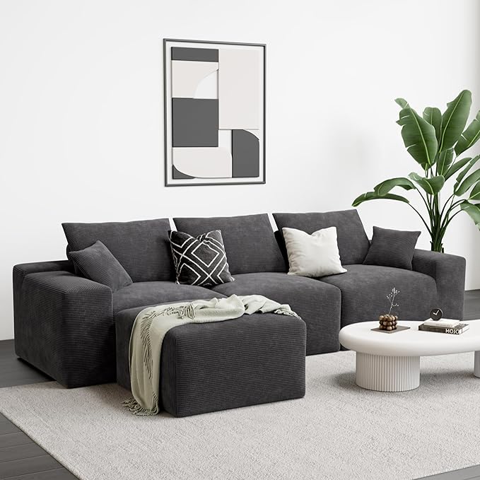 LIKIMIO 120" Modern L-Shaped Modular Sectional Sofa for Living Room, Corduroy Upholstery Dark Grey, Oversized 3-Seater Couch with Deep Seat and Movable Ottoman – No Assembly-Ruum Studio Home