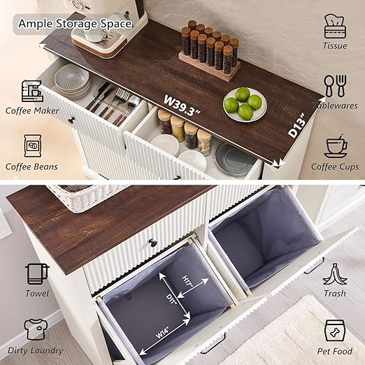 Modern Double Tilt-Out Trash Cabinet, 20 Gallon Fluted Laundry Hamper Cabinet w/2 Drawers, Wooden Hidden Garbage Can Cabinets with Storage Basket,Free Standing for Kitchen & Living Room, White-Ruum Studio Home