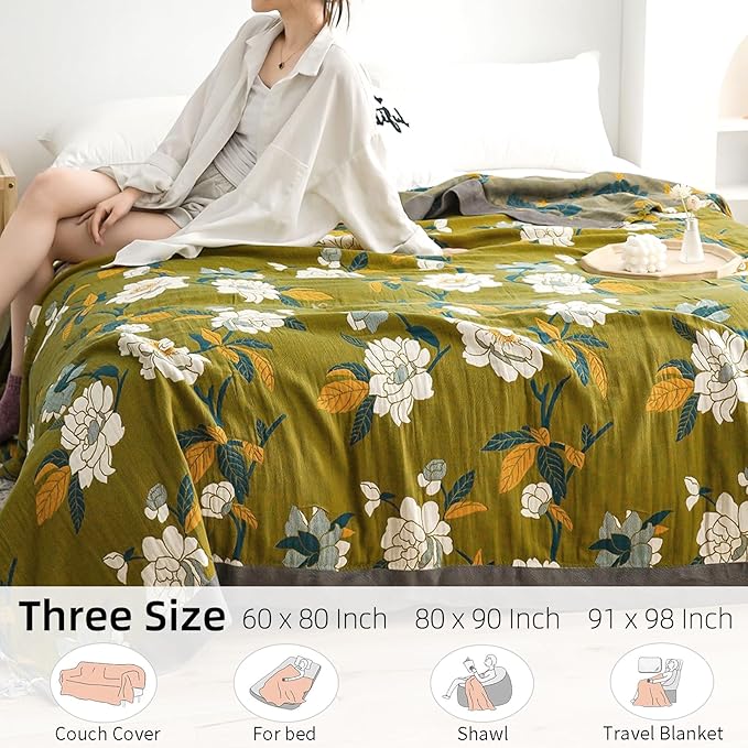 Boho Throw Blanket for Bed - 100% Pure Cotton Ultra Soft Rustic Quilt - Farmhouse Decor Bed Blankets, All Season Rustic Throw for Sofa Couch Chair(91''x 98'', Flower Branch)-Ruum Studio Home