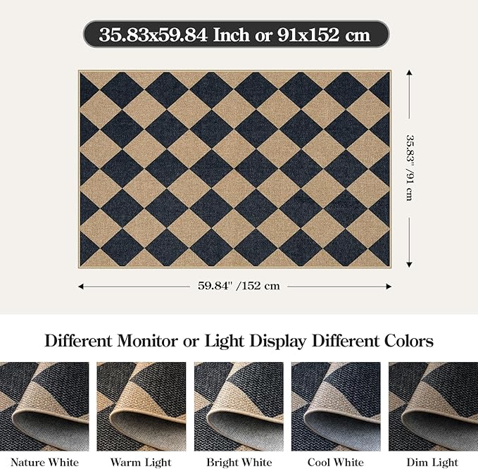 Lahome Checkered Easy Jute 3x5 Outdoor Patio Rug, Washable Rugs for Entryway Diamond Indoor Outdoor Living Room Carpet, Farmhouse Neutral Non Slip Black Door Carpet for Backyard Bedroom-Ruum Studio Home