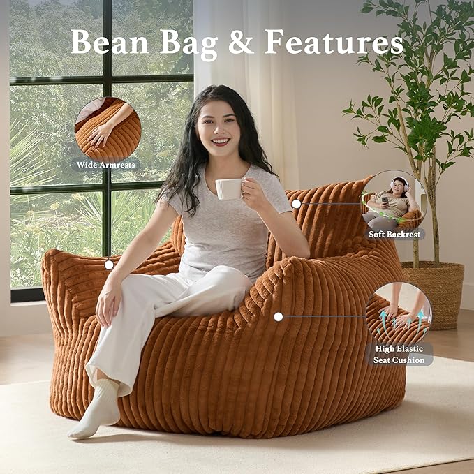Giant Plush Bean Bag Chair for Adults with Armrests - Oversized Comfy Orange Beanbag Lounge Lazy Floor Sofa Accent Chair for Living Room, Bedroom & Dorm, Cozy Fluffy Single Cloud Mini Couch-Ruum Studio Home