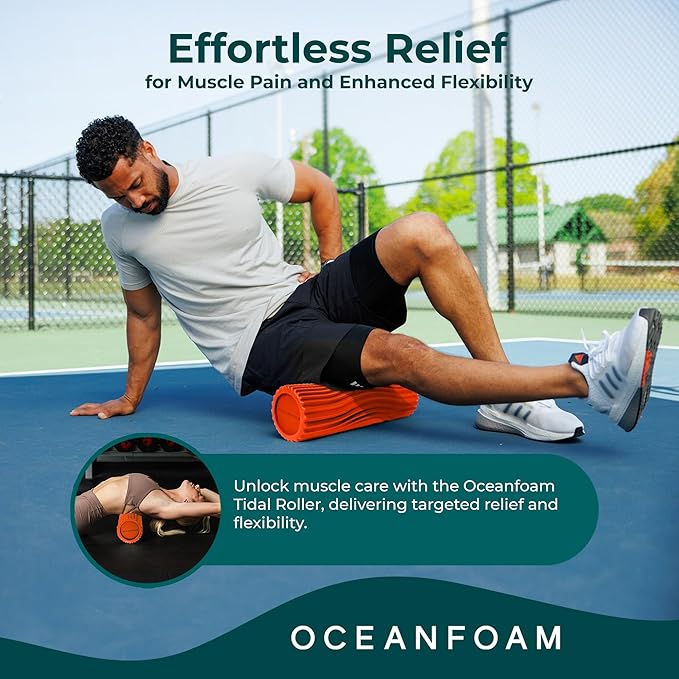 Oceanfoam Tidal Roller - Orange - Muscle Massage Foam Roller for Back Pain & Stretching - Firm and Ergonomic Wide Wave Textured - Yoga, Athletics, & Wellness - Full Size, 20" x 5"-Ruum Studio Home