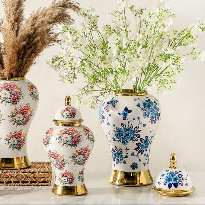 Ginger Jars for Home Decor, White and Gold Vase, Porcelain Ginger Jar Chinoiserie Blue and White Vase with Gold Trim and Floral Pattern, Ceramic Flower Vase for Home, Temple and Storage Jars(12in)-Ruum Studio Home