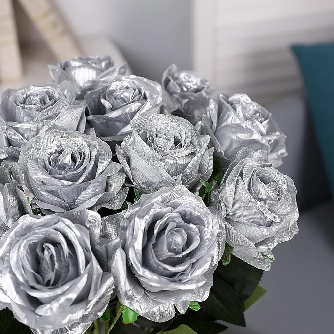 Silver Fake Roses Artificial Flowers - 10 Pcs Fake Artificial Roses Silk Flowers with Stems for Home Wedding Hotel Office Centerpiece Decor-Ruum Studio Home