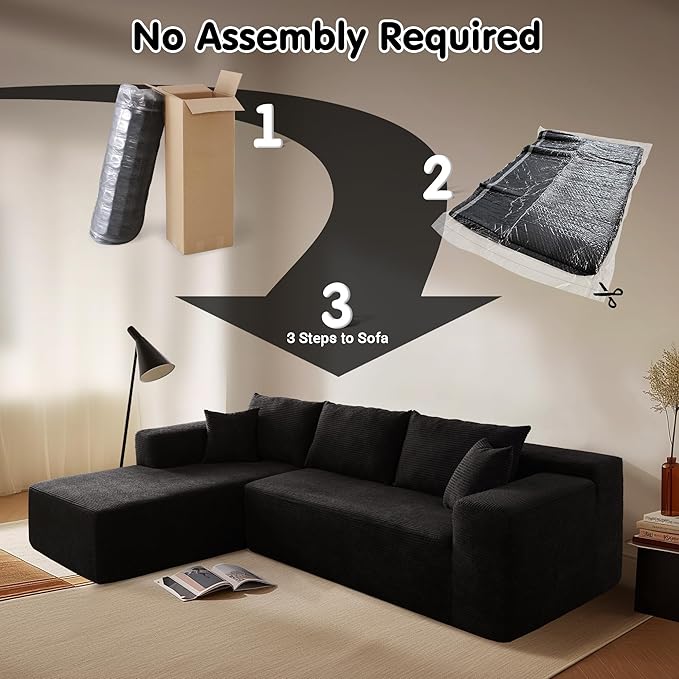ovios 104" Cloud Sectional Couch with L-Shape Chaise,Modern Modular Sofa with Deep Seat, Upholstered Couches for Living Room Bedroom,No Assembly Required, Black (Corduroy Fabric)-Ruum Studio Home