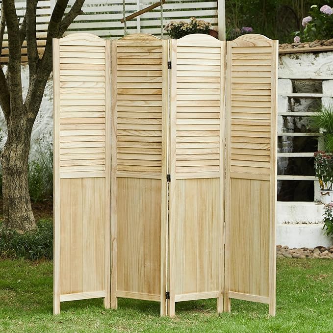 Room Partitions and Dividers, 68.9 Inch Temporary Wall with Double Hinges, Wooden Louver & MDF Stable Screens for Home Office Bedroom Coffeehouse Decoration (4 Panels, Wood Color)-Ruum Studio Home