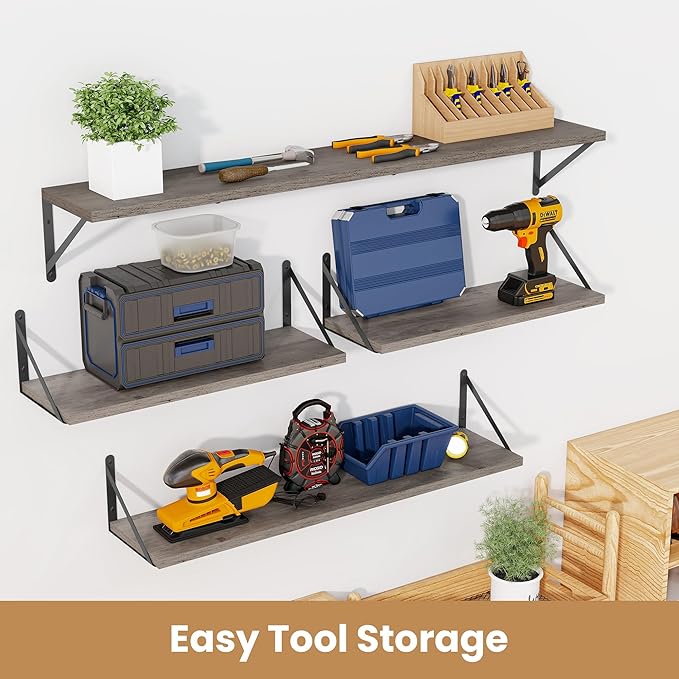 Heimlove 48 Inch Large Floating Bookshelves Set of 3,Wall Mounted Bookshelves,Heavy Duty Bracket Shelves for Living Room,Bedroom,Kitchen,Laundry Room Storage & Decor,Rustic Silver Grey-Ruum Studio Home