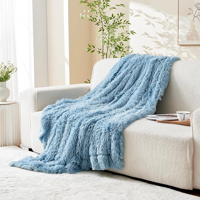 GONAAP Fuzzy Faux Fur Throw Blanket Twin Size Light Blue Super Soft Cozy Plush Fuzzy Shaggy Blanket for Couch Sofa Bed (Light Blue, Twin(60"x80"))-Ruum Studio Home