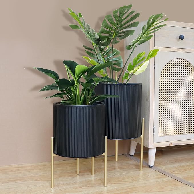 ARNIS Modern Plant Pots, Set of 2 Round Large Planters with Stand, Large Size Metal Pots with Drainage Holes for Living Room, Office, Garden or Balcony, 10.5 &12.25 Inch, Black & Gold-Ruum Studio Home