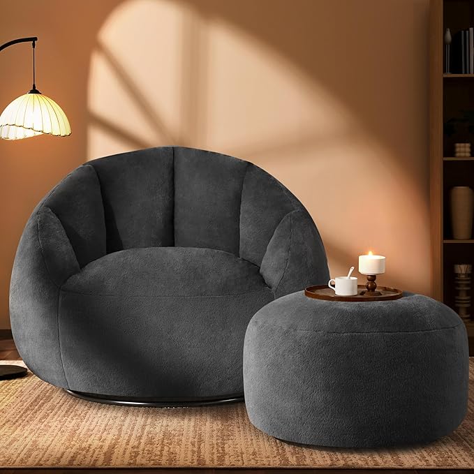 Giant Bean Bag Swivel Chair for Adults - Comfy Plush Round Shell Soft Accent Chaise Lounge Indoor Reading Chair, Oversized Cozy Floor Sofa for Living Room, Bedroom & Game Rooms, Dorm, Gray-Ruum Studio Home