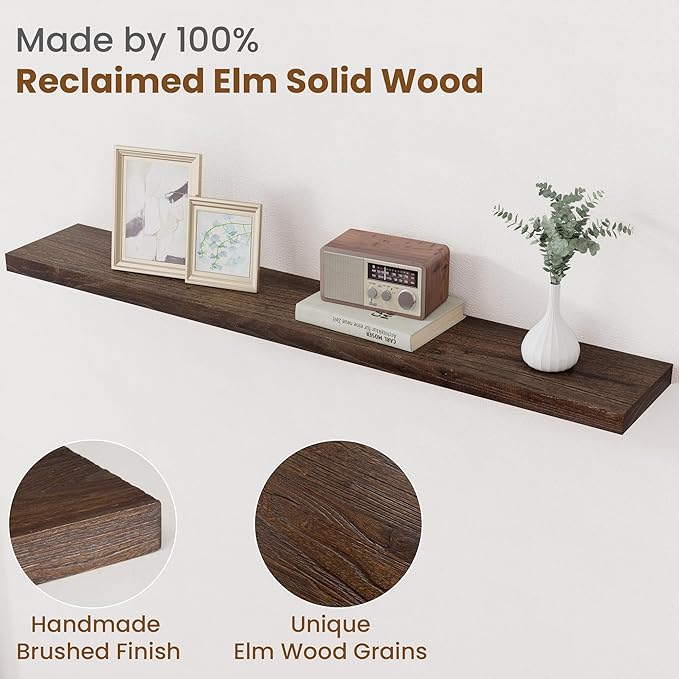 Floating Shelves for Wall Decor, 8 Inch Deep Rustic Solid Elm Wood Floating Shelves Wall Mounted, Wall Shelves with Invisible Bracket for Living Room Bathroom Bedroom Kitchen, 48 Inch Set of 1, Walnut-Ruum Studio Home