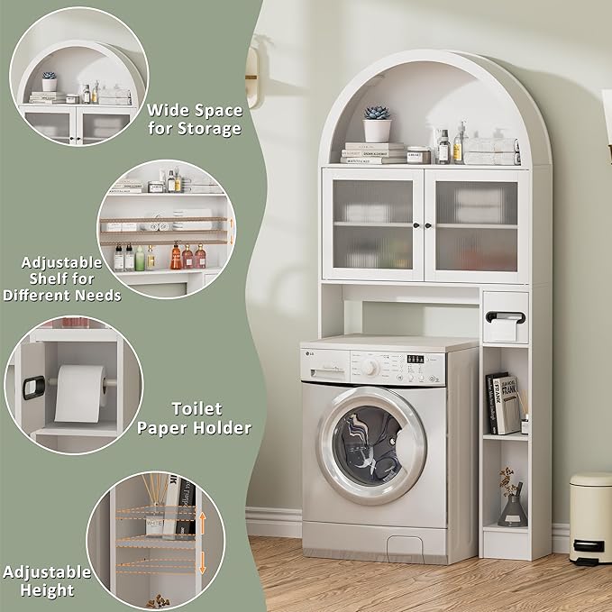 Over The Toilet Storage Cabinet, 31''W Arched Space-Saving Bathroom Organizer with Adjustable Shelf and Acrylic Doors, Freestanding Over Toilet Cabinet for Bathroom, Laundry, Restroom (White)-Ruum Studio Home