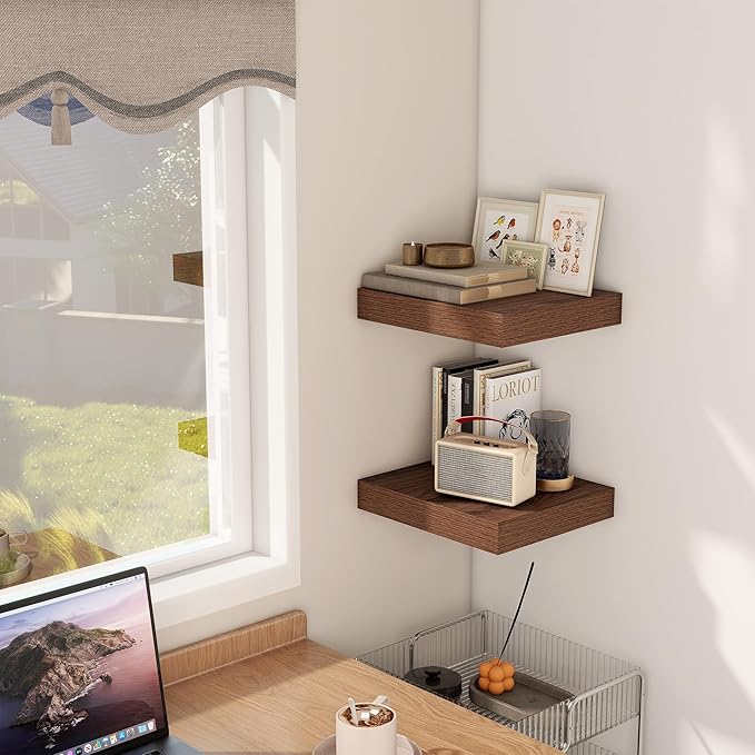 Fun Memories 12 Inch Floating Shelf, Rustic Wood Wall Shelves for Wall Decor & Storage, 12 x 12 Floating Shelf for Living Room, Bathroom, Bedroom, Walnut, Set of 2-Ruum Studio Home
