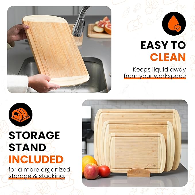 Bamboo Cutting Board Set – Charcuterie & Chopping Boards for Kitchen, Large & Small Sizes, Safe Cutting Boards for Meat, Cheese, Pizza – Home & Kitchen Gift Idea-Ruum Studio Home