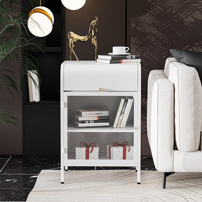 Modern Metal Side Tables Set of 2, End Tables with Glass Door, 2-Tier Nightstands with Storage Shelves, Accent Table, Slim Sofa Table for Living Room, Bedroom (White)-Ruum Studio Home