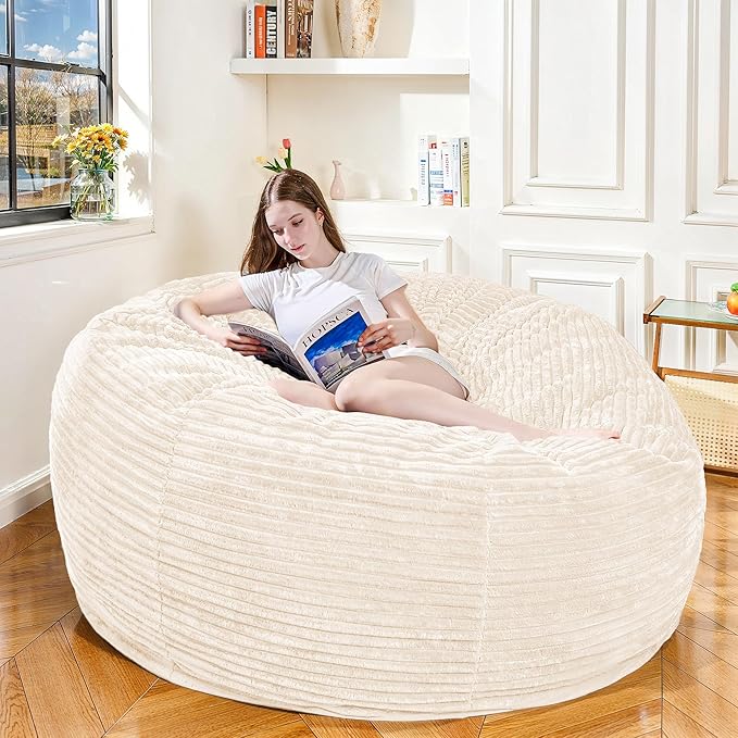 Large Bean Bag Chair, 6FT Giant Beanbag Chairs with Memory Foam Filled, Bean Bag Chairs for Adults, Ultra Soft Lazy Sofa for Living Room Bedroom (White)-Ruum Studio Home