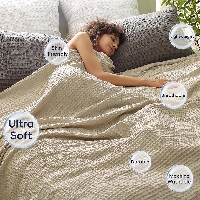 PHF Ultra Soft Waffle Weave Blanket King Size 104"x 90"- Washed Lightweight Breathable Cozy Woven Blanket for Bed - Aesthetic Decor for Couch Bedding Sofa Home Car - Khaki-Ruum Studio Home