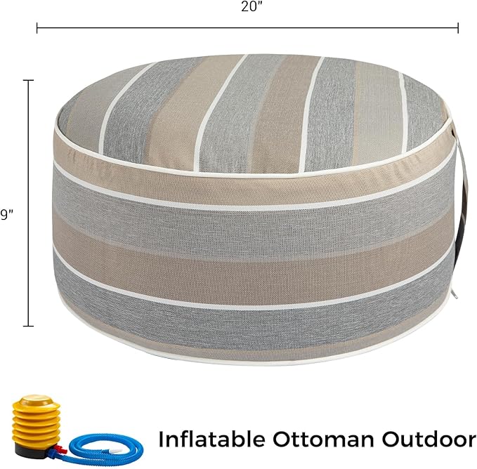 FUNHOME Inflatable Outdoor Ottoman with Air Pump,20"x9" Portable Patio Pouf,Water Resistant,Fade-Resistant,Round Blow Up Footrest Stools for Home Garden Camping Travel(Gray Stripe)-Ruum Studio Home