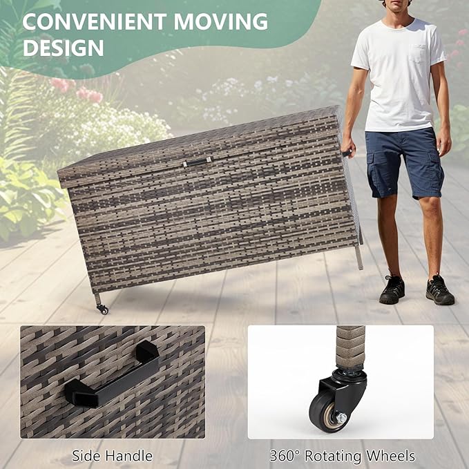 HOMREST Large Deck Box, Outdoor Wicker Storage Container with 240 Gallon, Patio Rattan Furniture for Garden Tools, Pillows, Pool, Brown-Ruum Studio Home