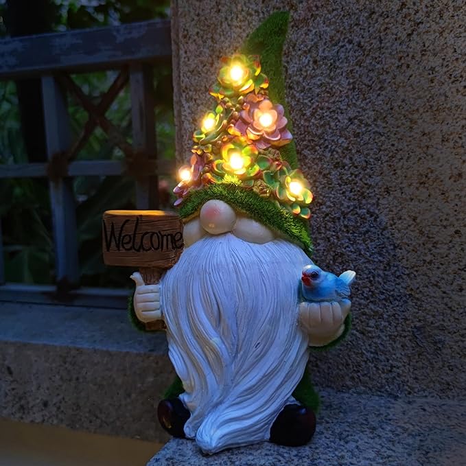 Solar Gnomes Garden Statues,Resin Gnome Figurine Holding Welcome Card and Bird with Solar Lights, Outdoor Gnomes Decorations for Yard Patio Lawn Porch, Garden Gifts-Ruum Studio Home