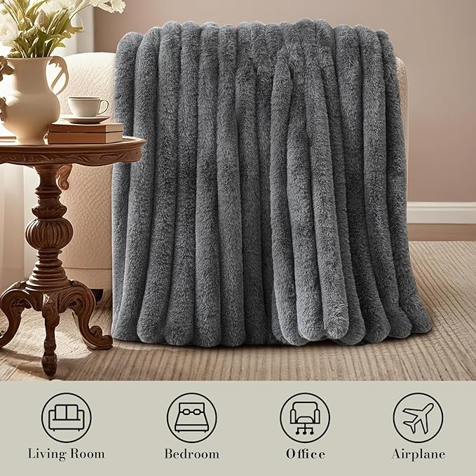 Amélie Home Faux Fur Throw Blanket for Couch, Ultra Cozy Fuzzy Fluffy Fur Luxurious Soft Striped Plush Gift Blankets for Family Sofa Chair Bed Living Room Bedroom, 60"x80", Ionic Wolf Gray-Ruum Studio Home