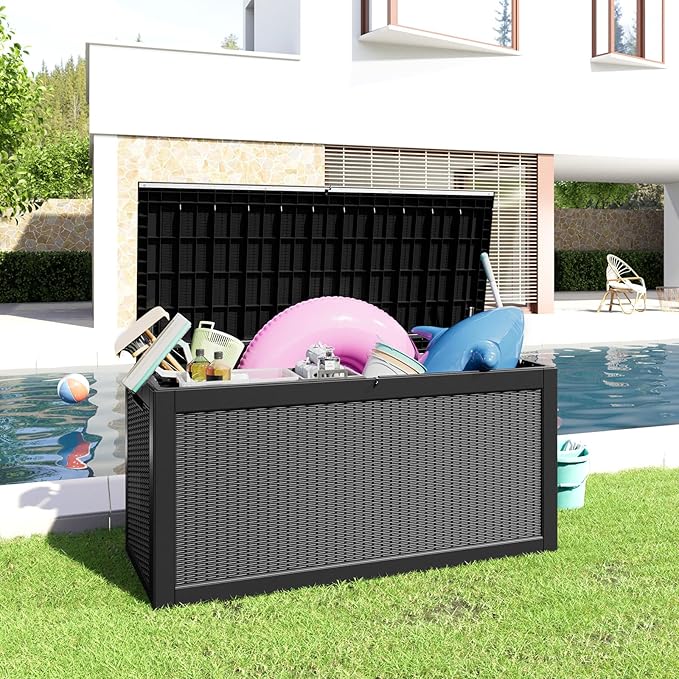 260 Gallon Resin Deck Box, Lockable Patio Outdoor Storage Box for Furniture, Garden Tools and Tools Storage, Waterproof Outside Storage Boxes - Black-Ruum Studio Home
