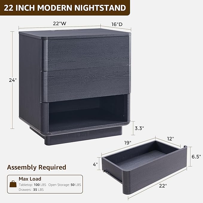 Nightstand with Charging Station, 22" Push-to-Open Bedside Table with 2 Storage Drawers, Large Modern End Table for Bedroom,Black-Ruum Studio Home