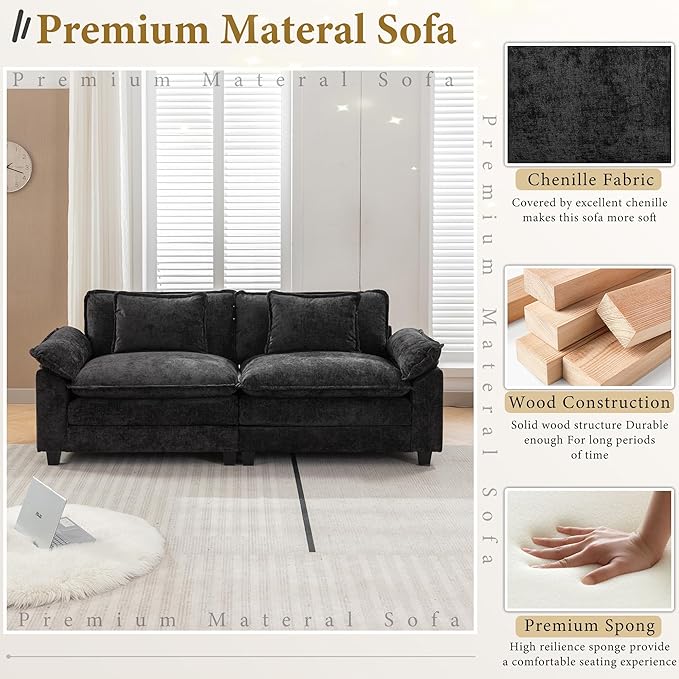URRED Modular Sectional Sofa Comfy Cloud Couch, Modern Chenille Sofa Sleeper Deep Seat Couches with Ottoman/Pillows for Living Room (Black, 82.6'')-Ruum Studio Home