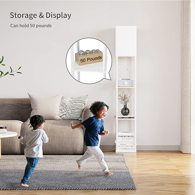 SUNMORY Shelf Floor Lamp with 3-Way Dimmable LED Bulb, Modern Square Standing Lamp with Shelves and White Shade, Corner Display Bookshelf Lamp for Living Room and Bedroom(White)-Ruum Studio Home