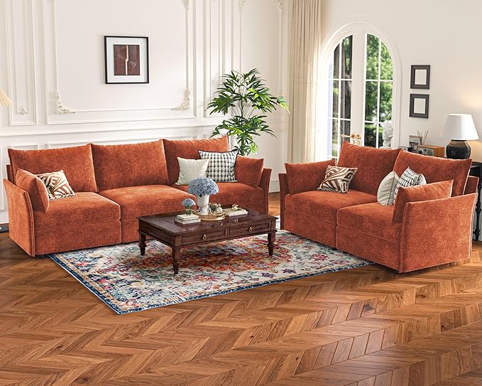 102.6" Modular Sectional Sofa, Oversized 3-Seater Terracotta Orange Couch with Removable Chenille Fabric Cover, Deep Seat & High Backrest for Living Room, Office & Apartment-Ruum Studio Home