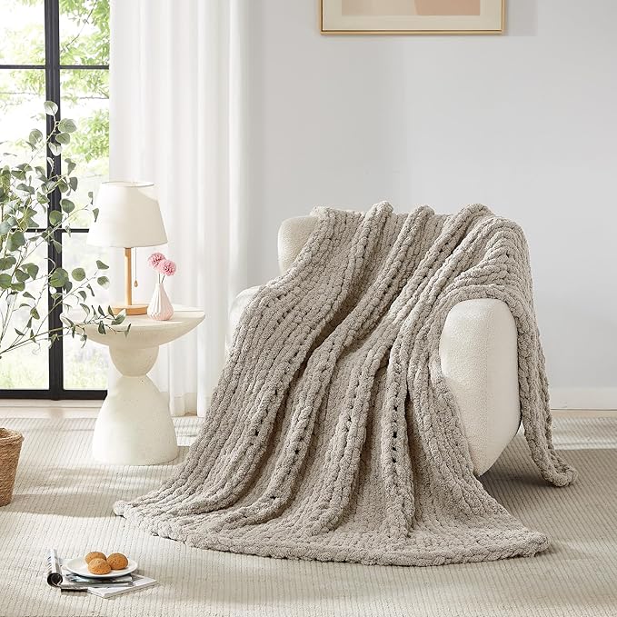 L'AGRATY Chunky Knit Blanket Throw: 80''x90'' Chenille Chunky Knitted Throw Blankets for Bed Couch - Handmade Thick Big Cable Knit Blanket - Large Crochet Rope Blankets for Home Decor(Light Linen)-Ruum Studio Home