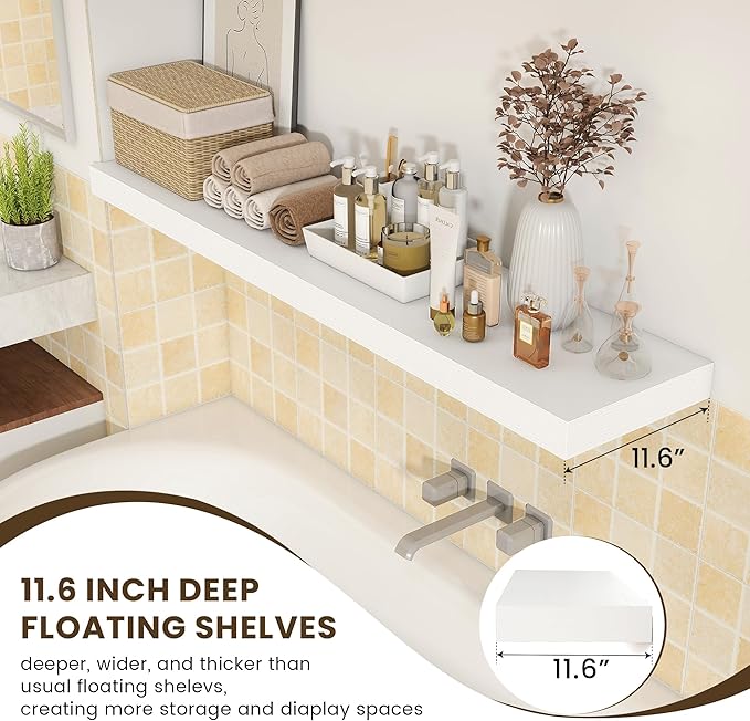 White Floating Shelves for Wall - 55 Inch Wide x 12 Inch Deep Wall Shelves Set of 1 - Rustic White Wood Shelves for Living Room, Bathroom, Laundry Room, Bedroom, Kitchen, Home Office-Ruum Studio Home