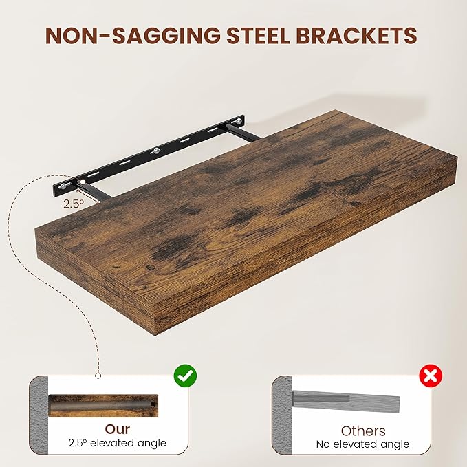 12" Deep Floating Shelves for Wall 24 Inches Long, Heavy Duty Wall Shelves for Bedroom Bathroom Kitchen Laundry Room, Farmhouse Rustic Shelves for Home Decor, 24" X 12" X 2" Set Of 2, Rustic Brown-Ruum Studio Home