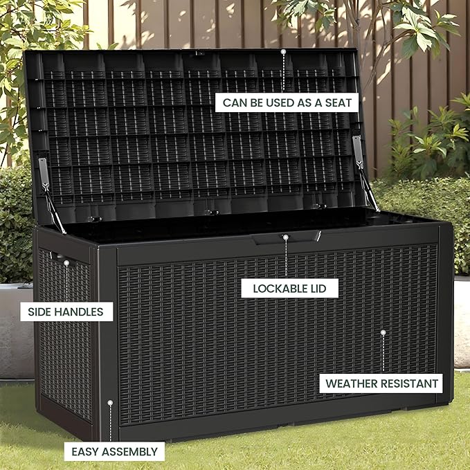 100 Gallon Storage Box, Waterproof Resin Deck Box with Hydraulic Piston Design, Lockable Storage Bench for Package Delivery, Storage Bin for Patio Cushions, Garden Tools, Black-Ruum Studio Home