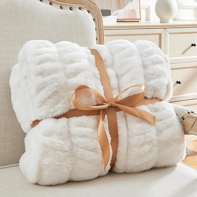 BEDELITE Faux Fur Throw Blanket for Couch, Soft and Cozy Boho Ruched Fluffy Blanket, Warm Plush Fuzzy Faux Rabbit Fur Blanket for Women Gift (Cream, 50"x 60")-Ruum Studio Home