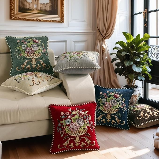 Set of 2 Red Vintage Embroidered Throw Pillows Covers 18x18in Sofa Couch,Red Floral Embroidered Cushion Cover for Sofa Bed Chairs Car-Ruum Studio Home